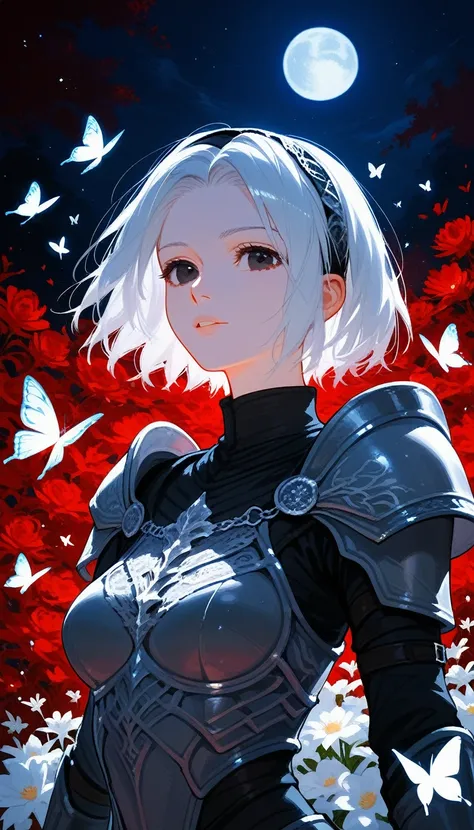 Close up, score_9_up,score_8_up, girl, white hair, short hair, black eyes, (armor), middle ages, hair band, butterflies, lace, dark atmosphere, night, moon, red sky, flowers, dark souls, pose, medium breast, 
