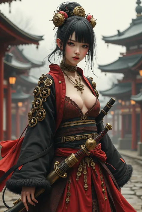 Realistic image openly dressed samurai girl in steampunk style, made in Japanese style. She is dressed in a traditional samurai kimono, decorated with mechanical elements and gears, combined with steampunk armor. In her hand the girl holds a katana with a ...