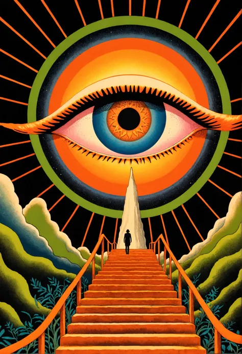 psychedelic aesthetic, Whimsical and psychedelic, Psychedelic illustration, 70s poster, Concert poster, Cosmic Psychedelic Drug Poster Art, Stairs leading to the big orange eye, A strange creature with eyes on both sides,Otherworldly visuals, Psychedelic ...