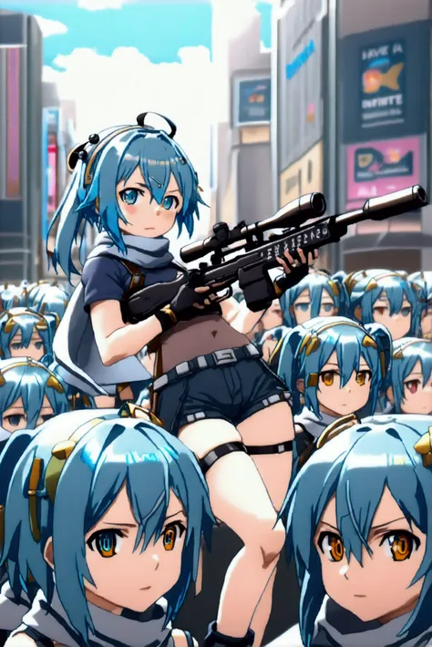 ((((((sinon, anime style, scarf, fingerless gloves,thin, pale blue hair, hair adornments, hair clips, thigh strap, cowboy shooti...