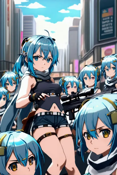 ((((((sinon, anime style, scarf, fingerless gloves,thin, pale blue hair, hair adornments, hair clips, thigh strap, cowboy shooti...