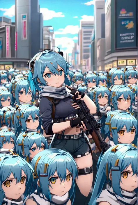 ((((((sinon, anime style, scarf, fingerless gloves,thin, pale blue hair, hair adornments, hair clips, thigh strap, cowboy shooti...