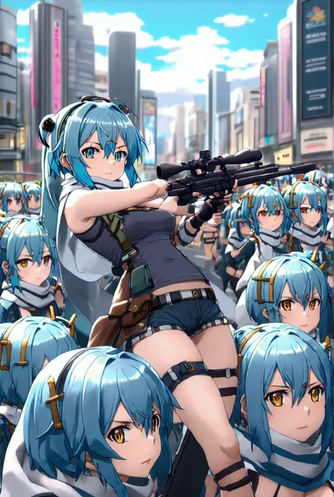 ((((((sinon, anime style, scarf, fingerless gloves,thin, pale blue hair, hair adornments, hair clips, thigh strap, cowboy shooti...