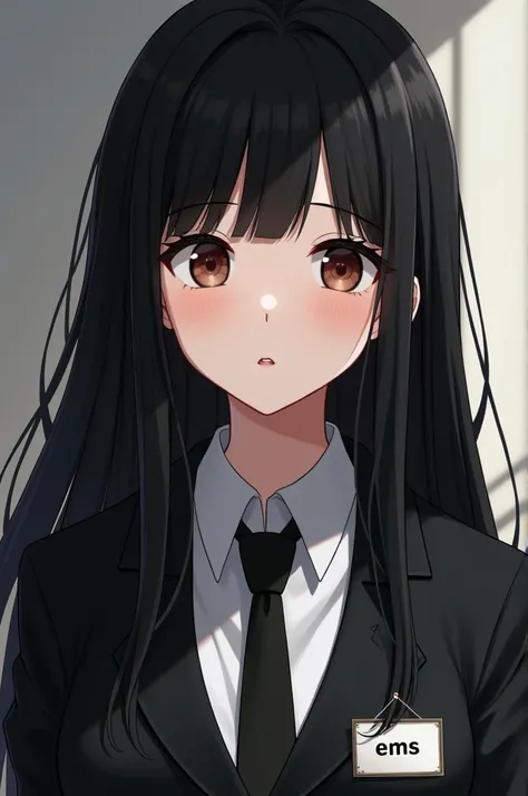 A girl with long black hair with nameplate “ ems “
