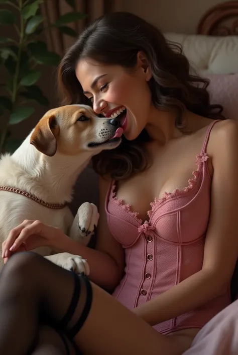 (photorealism:1.2), a dog licking the soles of the feet of a sexy curly brown hair woman in pink corset and black stockings, She feels tickled and laughs 