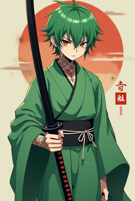 A thin oni man, with green hair, without many muscles, green japanese clothes, a black katana, black tribal tattoos, without horns. anime version
