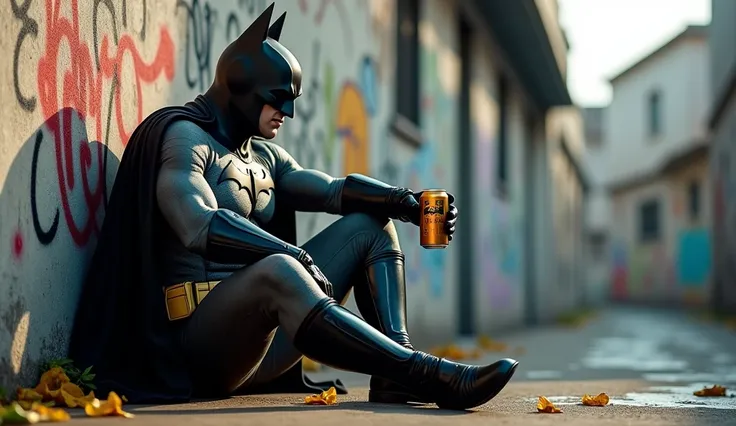 a realistic photo, hyper detailed, hdr definition, Batman, sitting on the ground, leaning against a wall with graffiti, he is relaxed, a can of beer in his hand, chill atmosphere, the weather is nice, we feel zen, his outfit is hyper detailed, the details ...