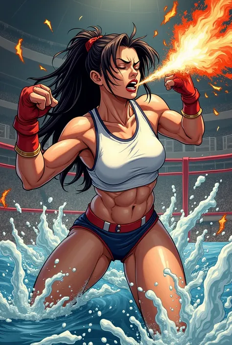 (sweaty)(muscular)A comic panel of a very sweaty Mai Shiranui getting punched heavily in the belly and vomiting by a strong females fist. Shes double over and coughing and vomiting heavily, She spits out lot of visible saliva, water, sweat repeatedly. Lot ...