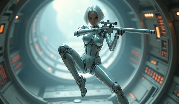 A transparent female android、Sniper、Metallic face covering、Backlight、reflection、Gloss、Holding a white gun in a sniper pose、Narrowed eyes and serious expression、Short bob with white hair、tall、Acrobatic perspective from above、Inside the destroyed spaceship、D...