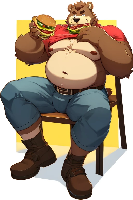 Fat anthro bear, tight button-up, eating burger aggressively, kinky, smirk, 4k, masterpiece, tight belt, masculine, manly, attractive, round belly, taut belly, burger in mouth, sitting on chair, view from below, background is burger factory, obese, very ro...