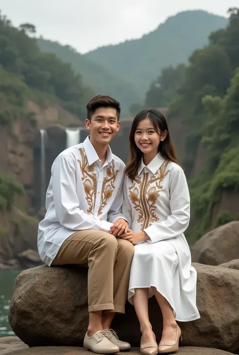 professional long shoot photography of a handsome young Indonesian man, and a beautiful Indonesian woman, which is having a warm and romantic feel on the big rocks , and wear formal luxury clothes in white with brown batik patterns and formal shoes in the ...