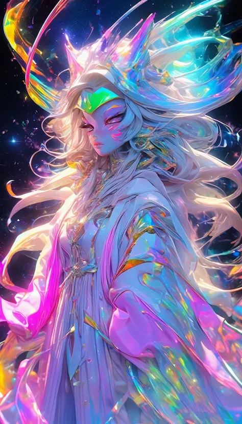 conceptual installation art, 2.5D, fusion of acrylic and collage paintings, high and fine artwork, neon-colored cosmic ray-riding 1 female god of destruction, shattering the space around him like broken iridescent glass, ivory wavy two side up hair, makeup...