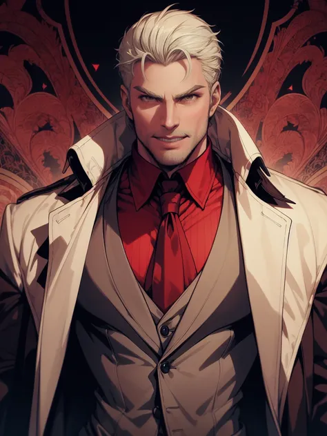 1man, vampire, handsome, pale grey skin, prominent muscular body, seems longer fangs, smile, shining red eyes, art nouveau style...