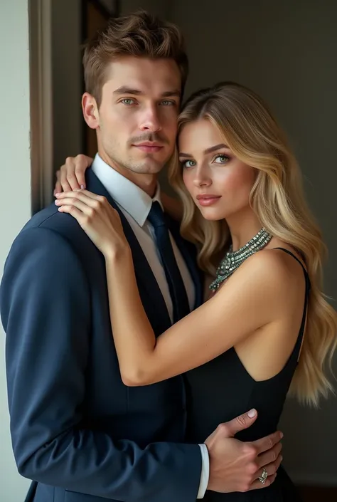 (Photorealism:), man with brown hair and eyes without beard wearing a blue suit and tie, hugging a long-haired blonde woman in a black dress olhos verdes and with a beautiful necklace. Frontal at a Photorealistic . 8k super detailed as real as possible 