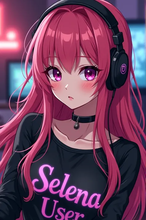 Dark pink  long hair 
Anime mature lady  with sexy eyes and 
 word " Selena  User " on cool  shirt and head set .gamer set up