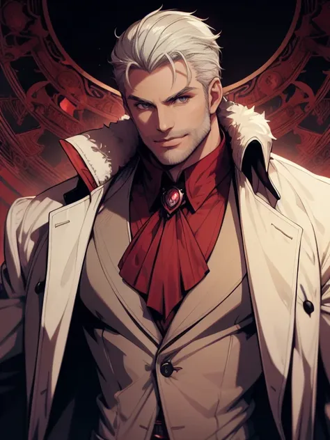 1man, vampire, handsome, pale grey skin, prominent muscular body, seems longer fangs, smile, shining red eyes, art nouveau style...