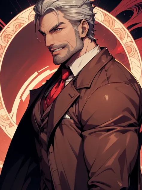 1man, vampire, handsome, pale grey skin, prominent muscular body, seems longer fangs, smile, shining red eyes, art nouveau style...