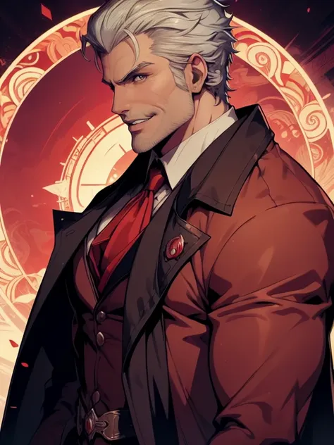 1man, vampire, handsome, pale grey skin, prominent muscular body, seems longer fangs, smile, shining red eyes, art nouveau style...