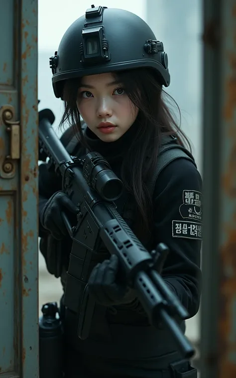 Ultra-high resolution，High-resolution details，Photo real, , (1 Korean girl，Super beautiful，Super white skin，Super white face，A miserable white face), (Wearing black special forces uniform，Wearing a military helmet), Large breasts, Advanced and complete mil...