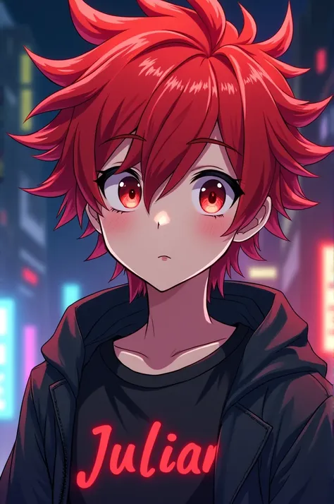 Anime Scarlet color spiky cool hair gamer adult boy with word " JuLian user " on his  cool shirt 