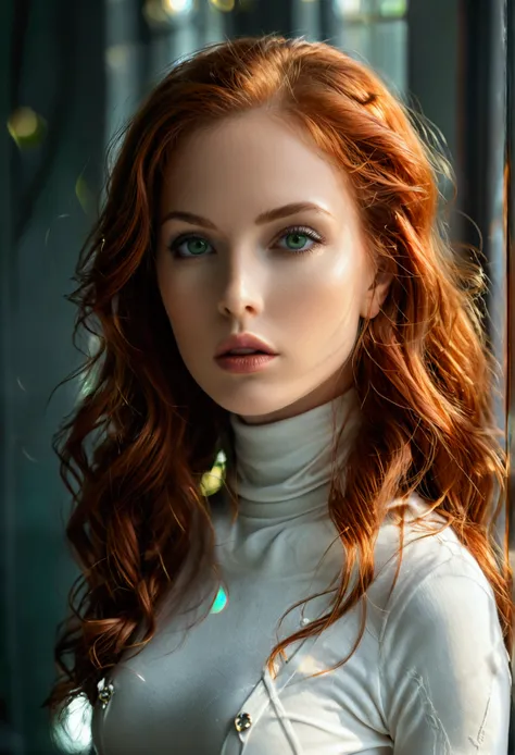 ultra realistic, photography, hot european woman, long elegant red hair, (30 years old, green eyes, hourglass figure, perfect body), femme fatale, Long eye lashes, seductive eyes, Award Winning Glamour Photograph extremely detailed award winning glamour ph...