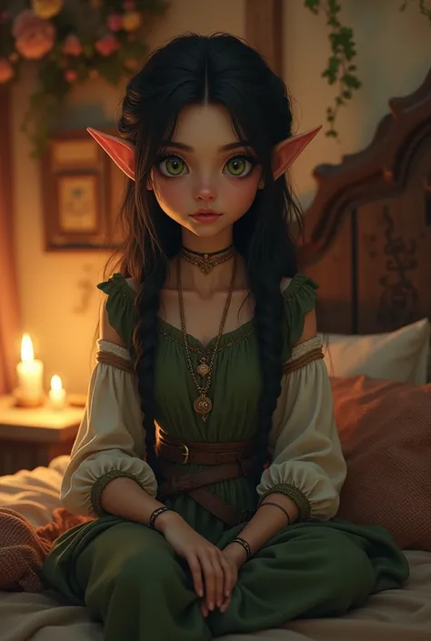 an elf girl with long braided black hair, elf ears, big round green eyes, thin lips, round face, small breasts, delicate and beautiful sitting on a bed, in a room in a tavern, wearing archer clothes
