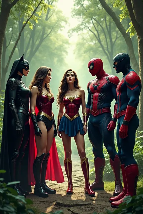 Catwoman,super-woman,Wonder-woman Spider-Man,Venom and Captain-America all of them together at forest talking each other