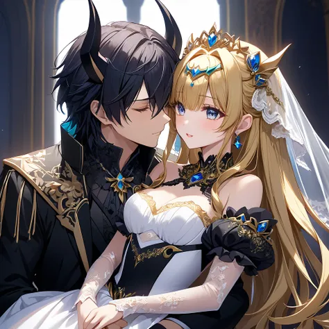 ((Highest quality)), ((masterpiece)), (detailed), （Perfect Face）、The woman is Extia Spica、The woman is wearing a gorgeous black wedding dress with gold embroidery and trim, and a black wedding veil, and is embracing and kissing the great demon king to cele...