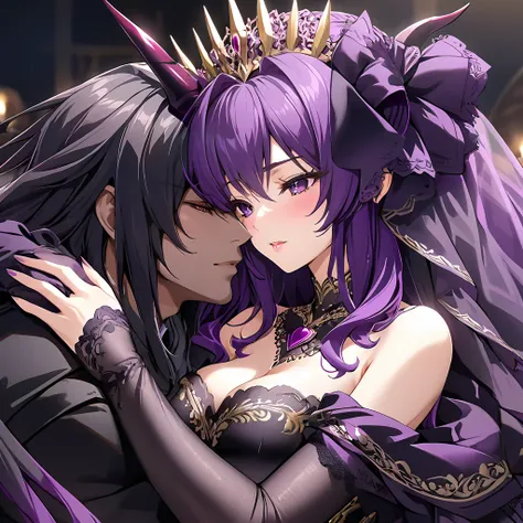 ((Highest quality)), ((masterpiece)), (detailed), （Perfect Face）、The woman is Luxuria、The woman is wearing a gorgeous black wedding dress with gold embroidery and trim, and a black wedding veil, and is embracing and kissing the great demon king to celebrat...