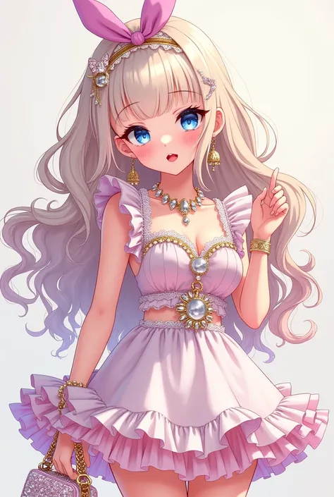 create a front back and side illustration of this anime character using the following information Name: Akira Hoshino Idade: 
Appearance:
body hair: Akira has long platinum blonde hair., always elaborately styled with well-defined waves. She adds highlight...