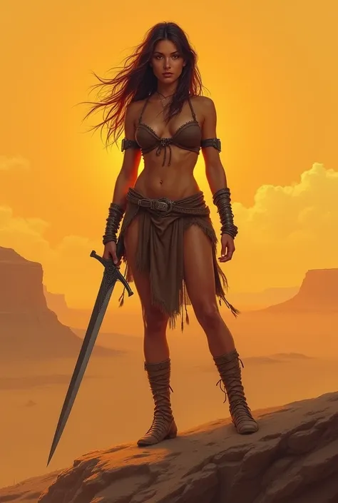 sword-spire dusty brown orange woman standing on the edge of horizon looking at the viewer, small leather bra, barbarian art style of the masters,
