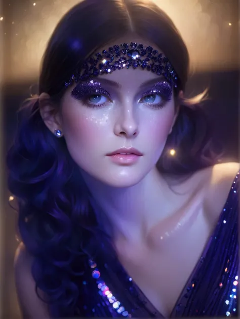 shiny headwear, deep neckline gown, sequined and sparkly material, dark purple dress, relaxed pose, shoulders slightly raised, indoor setting, soft lighting, luminous effect, dreamy atmosphere, front view, shallow depth of field, light coming from multiple...