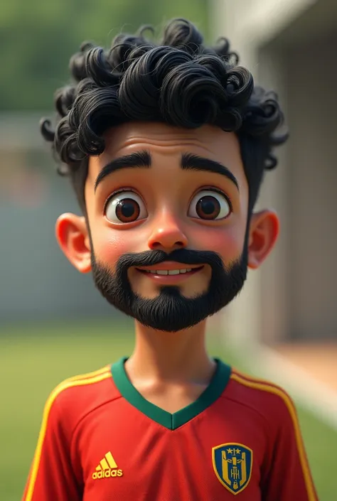 a boy with a mustache and a beard on his chin, short curly black hair, with full body soccer jersey