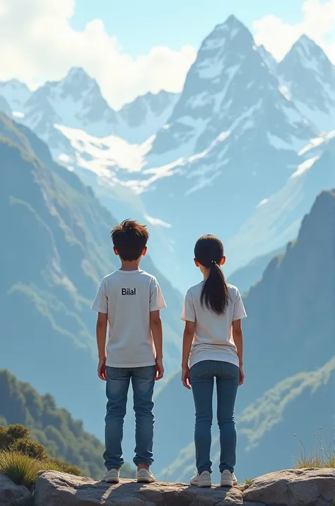 A couple, a boy and a girl, are standing on a mountain. They are wearing white colored T-shirts. Bilal is written on the boys shirt. No one  is written on the girls shirt.