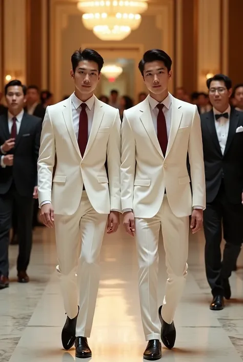 (((create natural realistic photos))) 2 handsome men, average age 25 years, sharp eyes, neat black kpop hair, wearing a white suit with a white shirt and maroon tie.  He was wearing shiny black leather shoes..  The four of them walked confidently into the ...