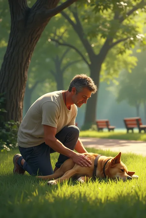 A man kneeling and petting a sleeping dog in a park