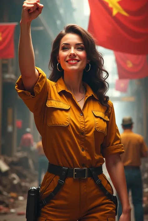  beautiful woman, is working, wears arberit clothes, in socialism, she is the boss, worker in background, satisfied pose, realistic, intricate details, warm colors, with fist raised and red flags 