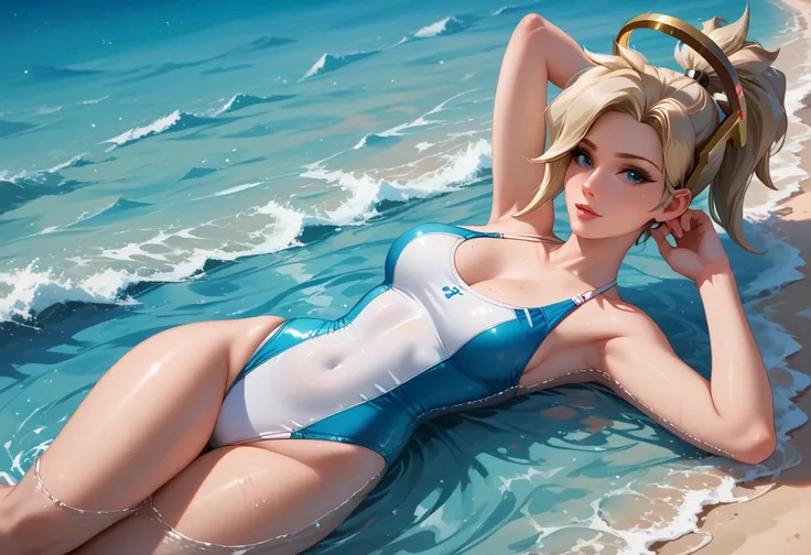 score_9, score_8_up, score_7_up, score_6_up, cinematic film still, solo, 1girl, BREAK mrcy, short hair, high ponytail, halo, cute swimsuit, beach, laying in shallow water, submerged, model poses, beautiful scene, sunrise, highly detailed, detailed face, ab...