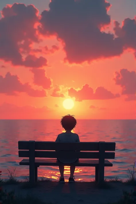 A Lonely Figure in a Sunset: A person sitting alone on a bench, gazing at a distant sunset over a calm sea. The sky is painted in hues of orange and pink, and the person appears lost in thought, conveying a sense of longing and nostalgia.