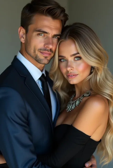 (Photorealism:), man with brown hair and eyes without beard wearing a blue suit and tie, hugging a long-haired blonde woman in a black dress olhos verdes and with a beautiful necklace. Frontal at a Photorealistic . 8k super detailed as real as possible 