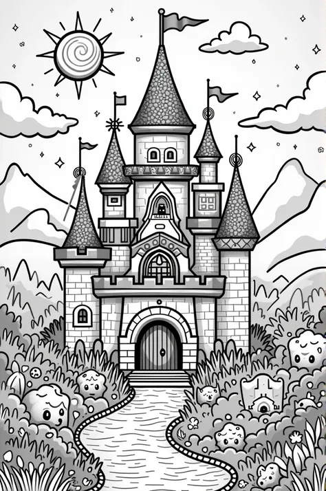 Make a coloring page of a castle for children between 5 and 