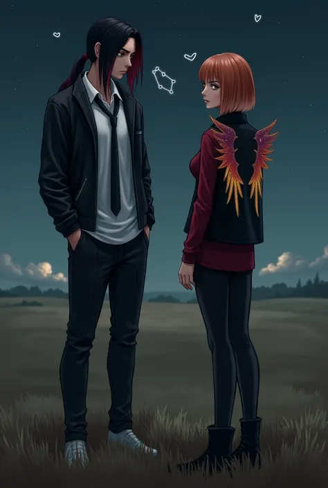 A guy with long hair tied in a ponytail,they are painted black and red. The eyes are black. He is wearing a white T-shirt,leather jacket, black pants and tie.

In the distance there is a girl with short orange hair,with yellow eyes. Dressed in a red blouse...