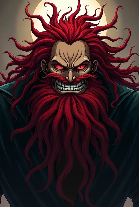 Estilo One Piece, Man in black clothes, red dreadlock hair, thick red beard, Eyes red, fat and a macabre smile.