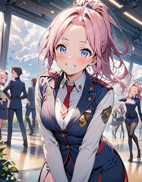 One Girl、Pink Hair、ponytail、Showing his forehead、future、uniform、headquarters、A big smile、、delicate、Slender、beautiful girl