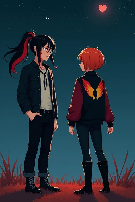 A guy with long hair tied in a ponytail,they are painted black and red. The eyes are black. He is wearing a white T-shirt,leather jacket, black pants and tie.

In the distance there is a girl with short orange hair,with yellow eyes. Dressed in a red blouse...