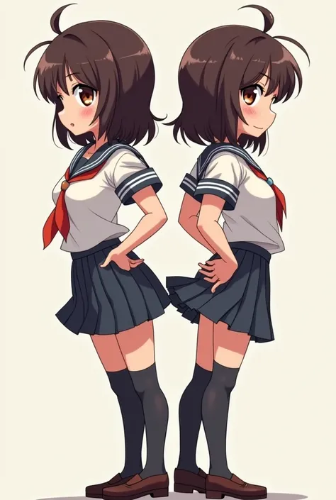 anime T pose front back and side with school clothes Miyu Haruka Appearance:
body hair: Miyu has dark brown hair., cut to shoulder length and slightly wavy. She wears her hair loose or in a casual bun., com algumas mechas caindo sobre seu rosto.
eyeballs: ...