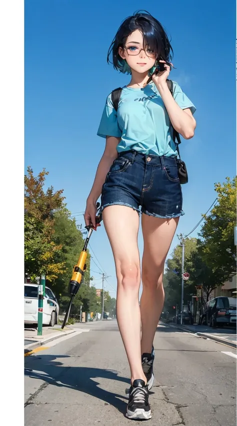 amateur radio, solo, handy phone, ((wireless connection)), ((amateur radio)), 1girl, solo, looking at viewer, short hair, bangs, blue eyes, closed mouth, blue hair, short sleeves, glasses, hair over one eye, aqua eyes, round eyewear, ((holding walkie-talki...