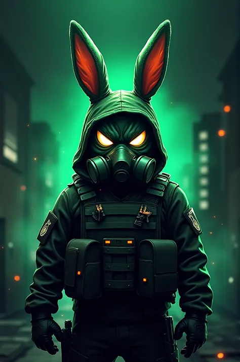 Design a logo for a gaming persona named ‘Toxic Bunny’ inspired by Call of Duty. The logo should feature a fierce, edgy bunny character with a military or tactical theme. Incorporate elements like a gas mask, tactical gear, or weapons to emphasize the ‘tox...