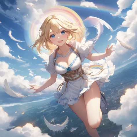 masterpiece、Anime-style illustrations with delicate brush strokes、Dense painting、Humorous and divine々Successfully、Cinematic lighting、World above the clouds、after the rain、Background big rainbow、1 Girl、In the center of the screen, a young angel is flying ha...