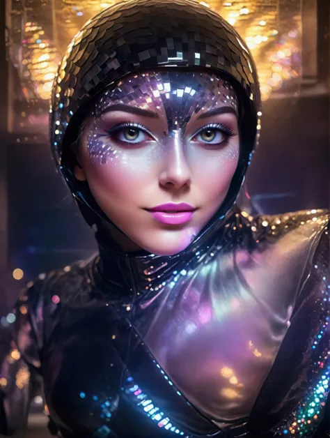 wearing a shimmering, dark sequined outfit with smooth, well-lit skin, futuristic helmet, illuminated by ambient, soft, multi-co...